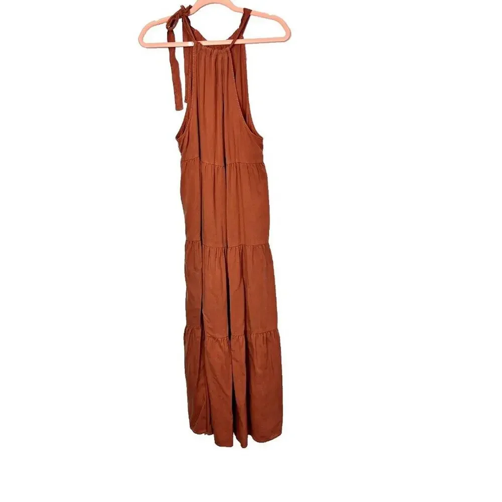 Cloth and Stone Dress Size M Halter Midi Orange Lyocell Neck Tie Tiered Flounce